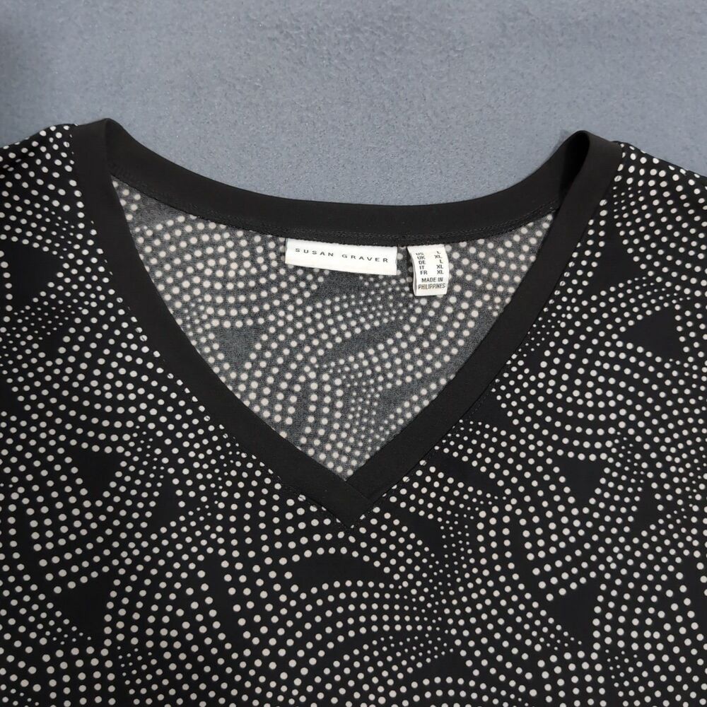 Susan Graver Women L Black Polka Dot V Neck Liquid Knit Asymetrical Hem - Picture 4 of 11